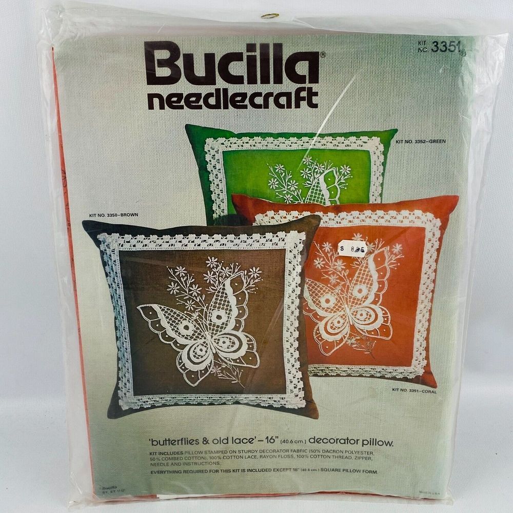 Bucilla Needlecraft 3351 Coral Butterflies & Old Lace Pillow Kit 16" Complete